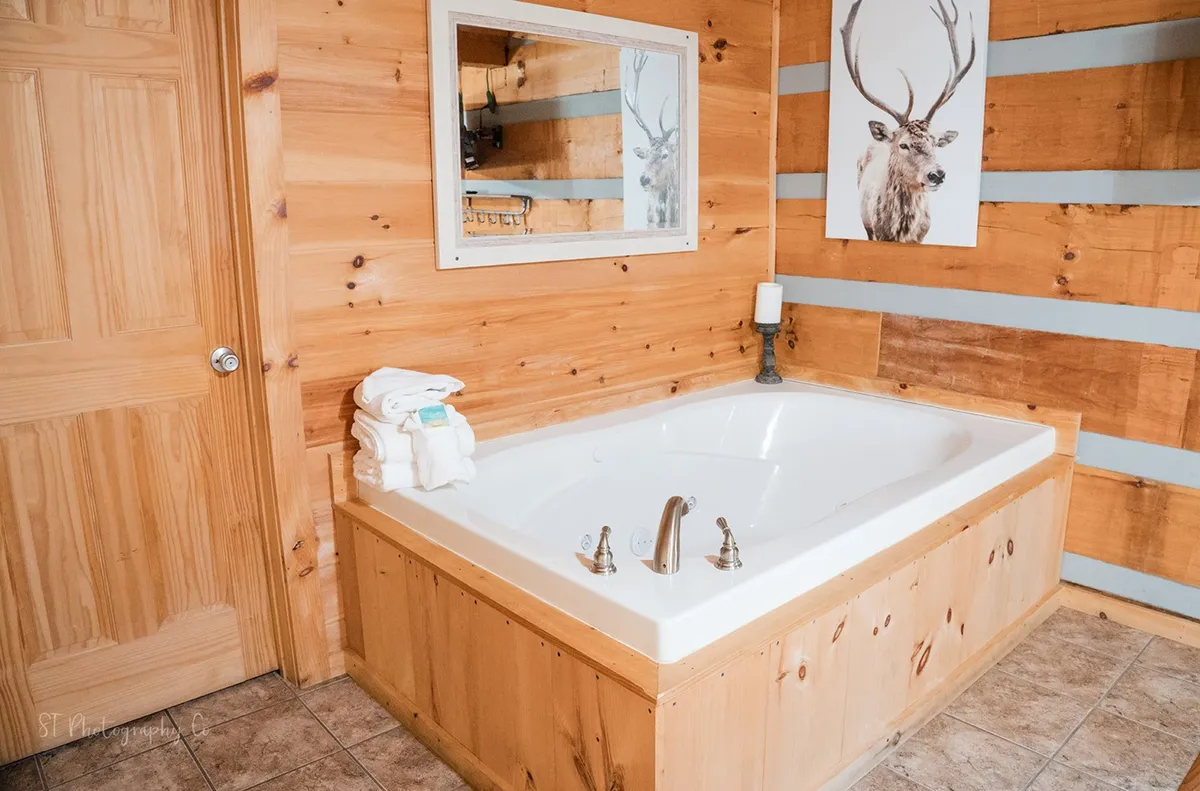 A luxurious Jacuzzi tub set against rustic wooden wall paneling, with a mirror and a framed animal portrait adding to the spa-like, tranquil ambiance. The space exudes restfulness and privacy—ideal for unwinding after a day exploring Gatlinburg or local attractions.